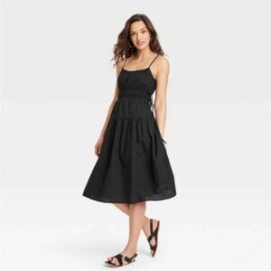 Universal Thread L Black Cotton Poplin Cinch Waist Tiered Midi Dress Sleeveless